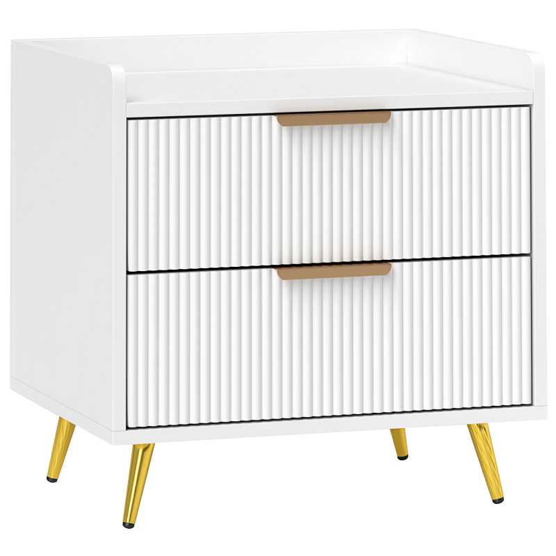 HOMCOM Nachttisch, Nachtschrank mit 2 gerillten Schubladen, goldfarbene Metallfüße, Nachtkästchen für Schlafzimmer, Wohnzimmer, 50 x 40 x 50 cm, weiß Aosom – Bild 1 von 2