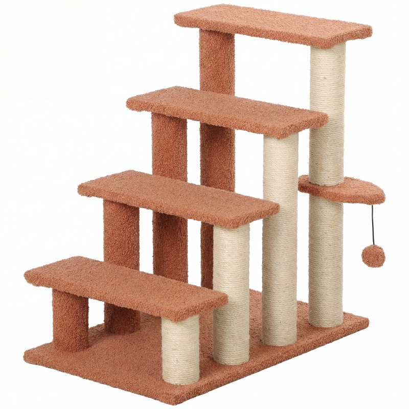 PawHut 4-stufige Katzentreppe mit Kratzbaum für Haustiere bis 5 kg, Hundetreppe mit Spielball, Plüsch, Braun, 60 x 40 x 64 cm Aosom.de – Bild 1 von 2