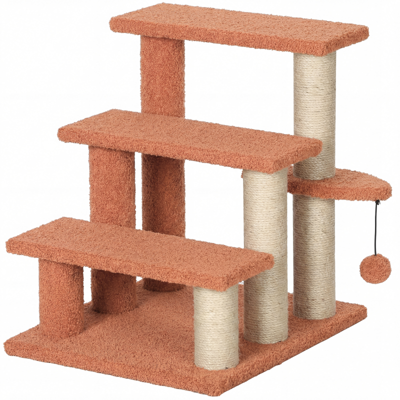 PawHut Katzentreppe Tiertreppe für Katzen und Hunde 3 Stufen mit Kratzsäulen Spielball Plüsch Braun 45x40x48cm für mehr Komfort Aosom.de – Bild 1 von 2