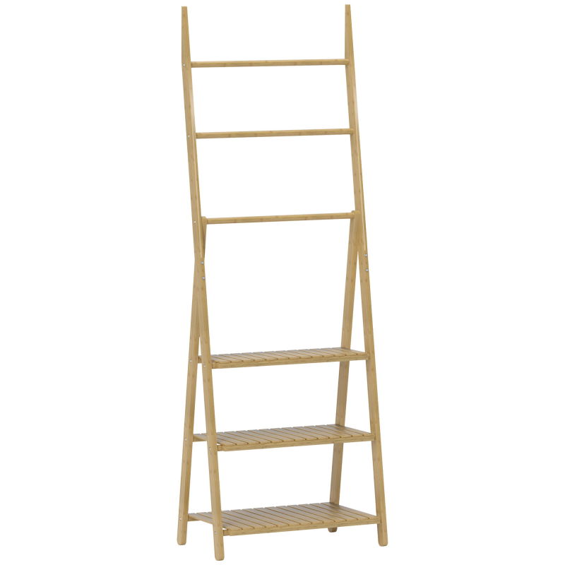 HOMCOM Badregal, Badezimmerregal mit 3 Ebenen, Aufbewahrungsregal aus Bambus, A-Form Standregal mit Handtuchhalter für Badezimmer, Wohnzimmer, Küche, 53,5 x 30 x 153 cm, Naturholz Aosom – Bild 1 von 2
