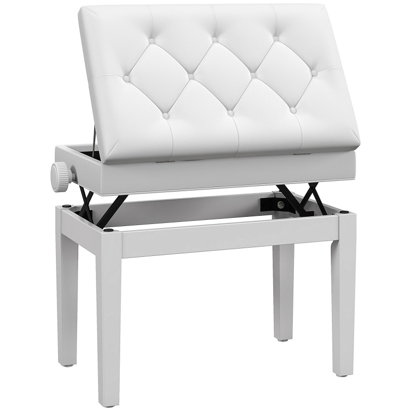 HOMCOM Klavierbank Höhenverstellbar Sitzbank mit Stauraum, Holzbeine, Klavierhocker aus Kunstleder, für Musikzimmer, belastbar bis 200 kg, 54,5 x 33 x 48-58 cm, Weiß Aosom – Bild 1 von 2