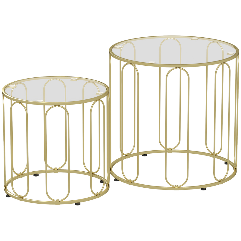 HOMCOM Couchtisch rund Stapelbar 2er Set Beistelltisch mit geometrischem Metallrahmen, Platte aus Glas, Wohnzimmertisch Kaffeetisch Sofatisch für Wohnzimmer Schlafzimmer Aosom – Bild 1 von 2