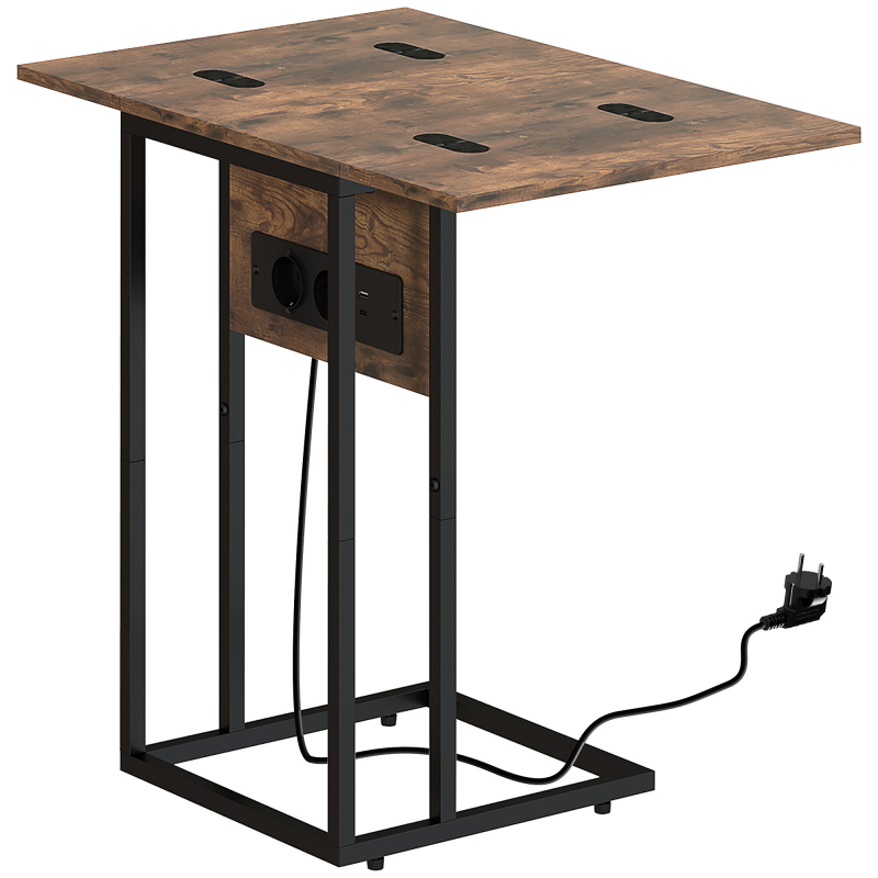 HOMCOM Beistelltisch Klappbar C-förmig Nachttisch mit Steckdosenleiste, Couchtisch mit Beinen aus Metall, Wohnzimmertisch Sofatisch für Wohnzimmer Schlafzimmer 39 x 29 x 57 cm Rustikal Braun Aosom – Bild 1 von 2