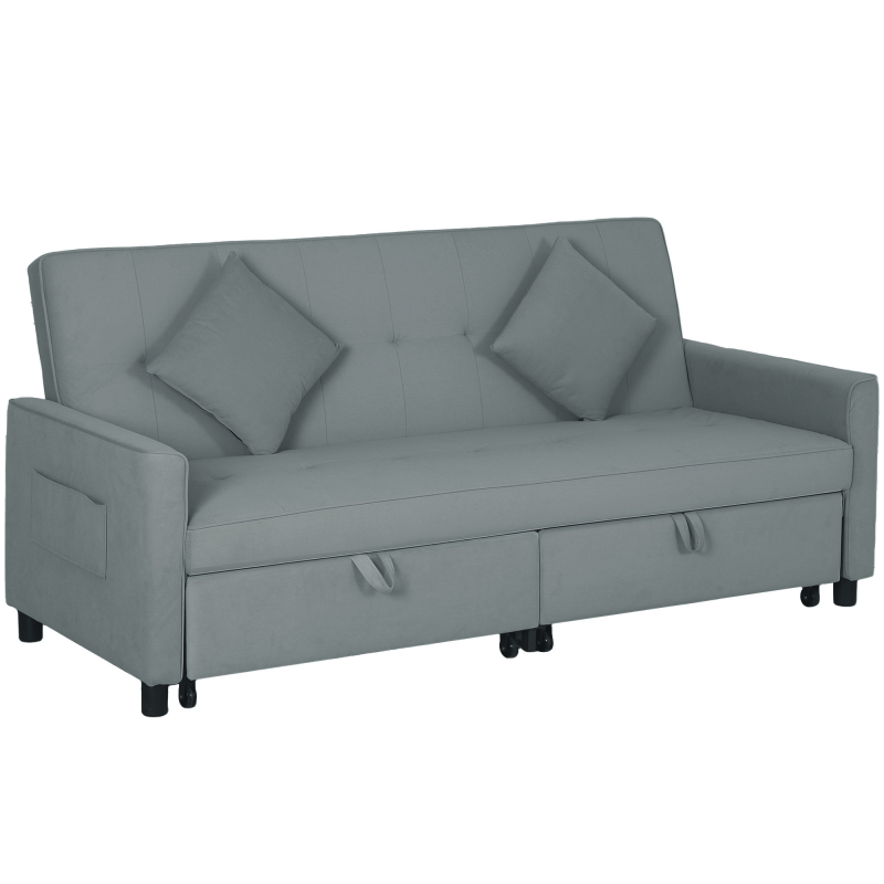 HOMCOM Schlafsofa, 3-Sitzer Sofa mit Schlaffunktion, Verstellbare Rückenlehne, Umkehrbare Ecksofa mit Wurfkissen, Samtoptik, Couch mit Rollen für Wohnzimmer, Schlafzimmer Grau Aosom – Bild 1 von 2