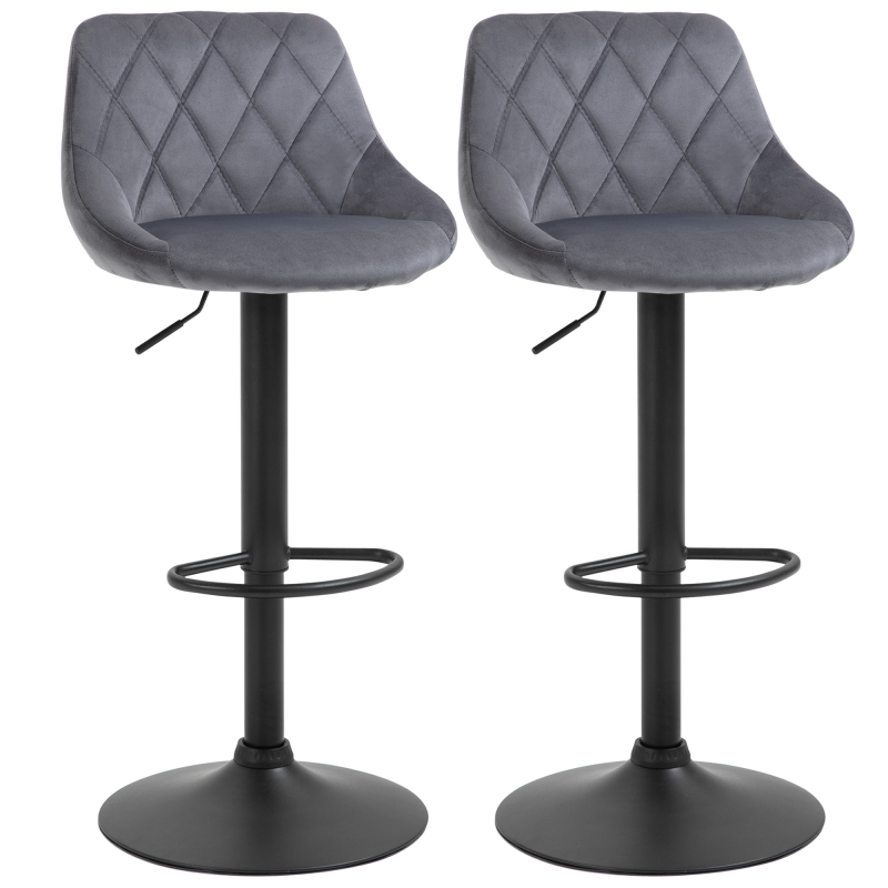HOMCOM Barhocker 2er Set Höhenverstellbar Drehbar Barstühle mit Samtoptik Tresenhocker mit Rückenlehne mit Diamant-Tufting und Fußstütze für Bar, Theke, Esszimmer, Stahl Dunkelgrau Aosom – Bild 1 von 2