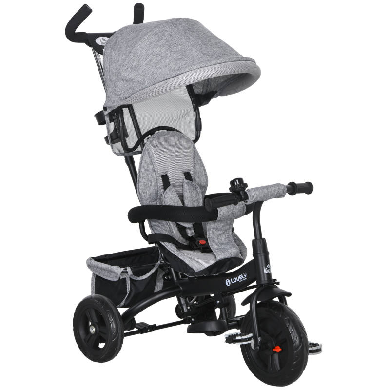 HOMCOM 6in1 Dreirad mit Schubstange abnehmbar, Sonnendach 5-Punkt Gurt, Korb & Getränkehalter für Kinder 1-5 Jahre Grau Aosom.de – Bild 1 von 2