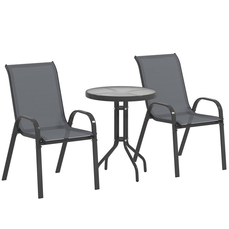Outsunny Bistro-Set 3-teilig Wetterfest Gartenmöbel Set mit Glastisch Stapelbare Gartenstühlen Outdoor Balkonmöbel Set Sitzgruppe Balkonset Gartengarnitur Dunkelgrau Aosom – Bild 1 von 2