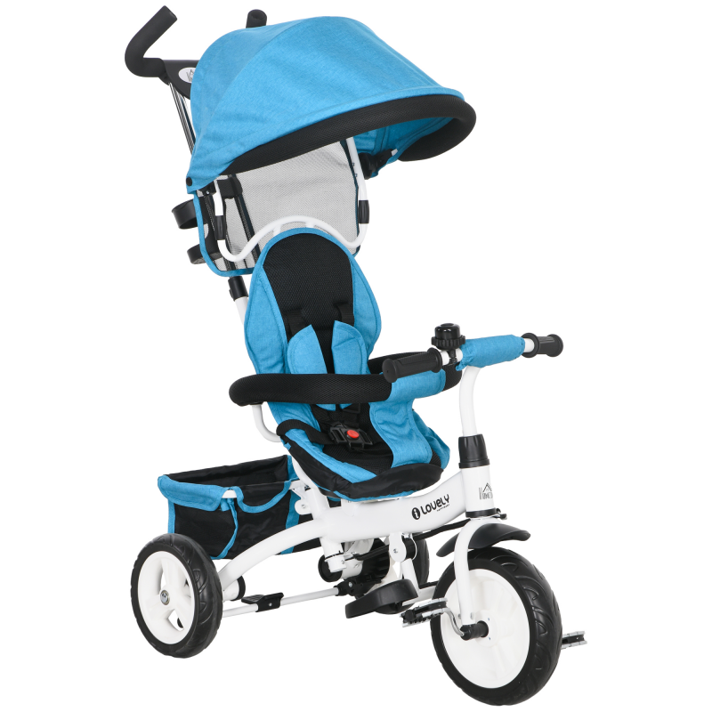 HOMCOM 6-in-1 Dreirad mit Schubstange, Kinderdreirad mit abnehmbarem Sonnendach, Laufrad mit 5-Punkt-Sicherheitsgurt, Korb, Getränkehalter, für 1-5 Jahre Kinder, Blau Aosom – Bild 1 von 2