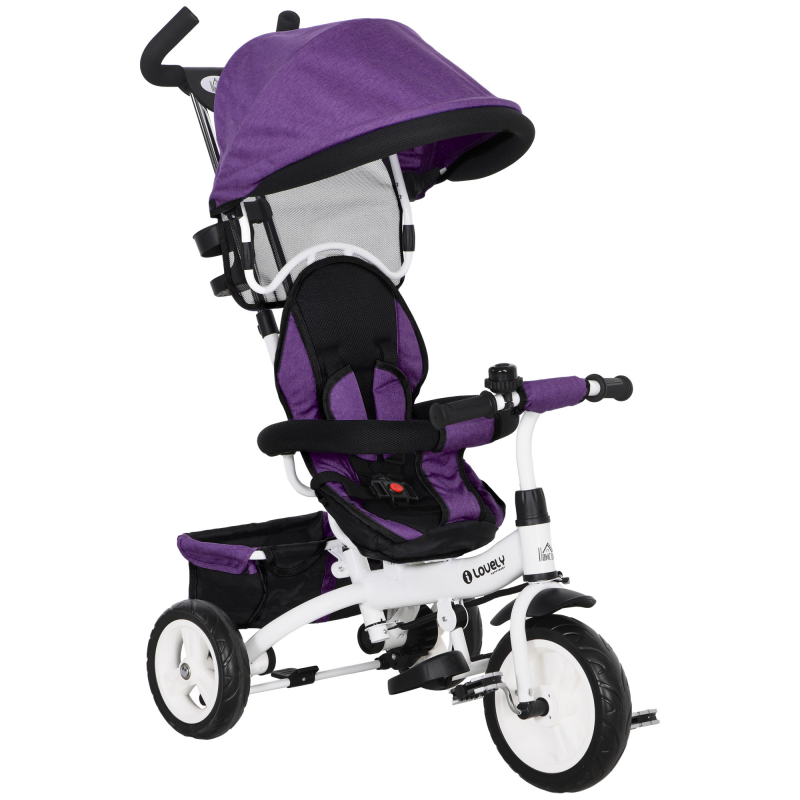 HOMCOM 6-in-1 Dreirad mit Schubstange, Kinderdreirad mit abnehmbarem Sonnendach, Laufrad mit 5-Punkt-Sicherheitsgurt, Korb, Getränkehalter, für 1-5 Jahre Kinder, Violett Aosom – Bild 1 von 2