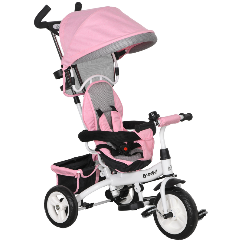 HOMCOM 6-in-1 Dreirad mit Schubstange, Kinderdreirad mit abnehmbarem Sonnendach, Laufrad mit 5-Punkt-Sicherheitsgurt, Korb, Getränkehalter, für 1-5 Jahre Kinder, Rosa Aosom – Bild 1 von 2