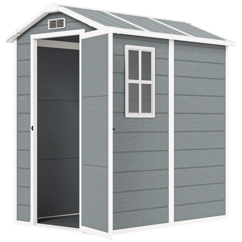 Outsunny Gerätehaus 2,1m², Wasserdicht Gartenhaus mit Boden Pultdach, 131x186x198/172 cm, Geräteschuppen mit Abschließbar Tür, Fenster Fahrradgarage, Gartenschrank aus Alu, für Hinterhof, Garten, Grau Aosom – Bild 1 von 2