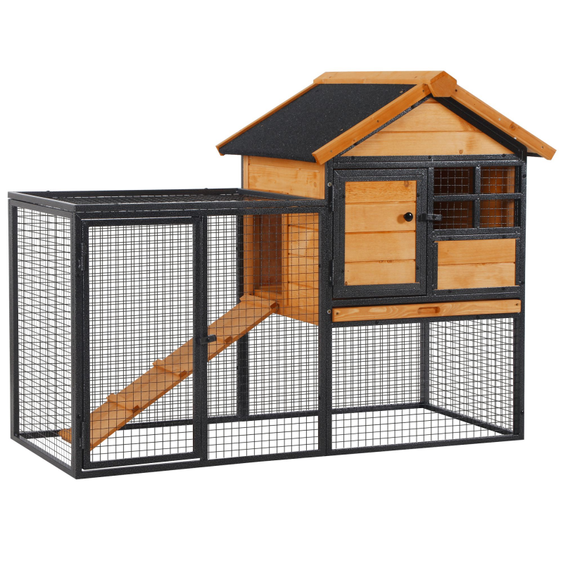 PawHut Kaninchenstall Erhöhtes Haustierhaus mit abschließbarer Tür, Outdoor, Holz-Metall, Hellgelb, 122x63x92cm Aosom – Bild 1 von 2