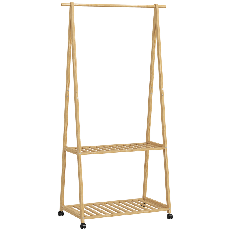 HOMCOM Garderobenständer mit Schuhregal, Kleiderständer mit 2 Haken, Rolle, Garderobe aus Bambus, für Flur, Wohnzimmer, Schlafzimmer, 84,5 x 43,5 x 158 cm Naturholz Aosom – Bild 1 von 2