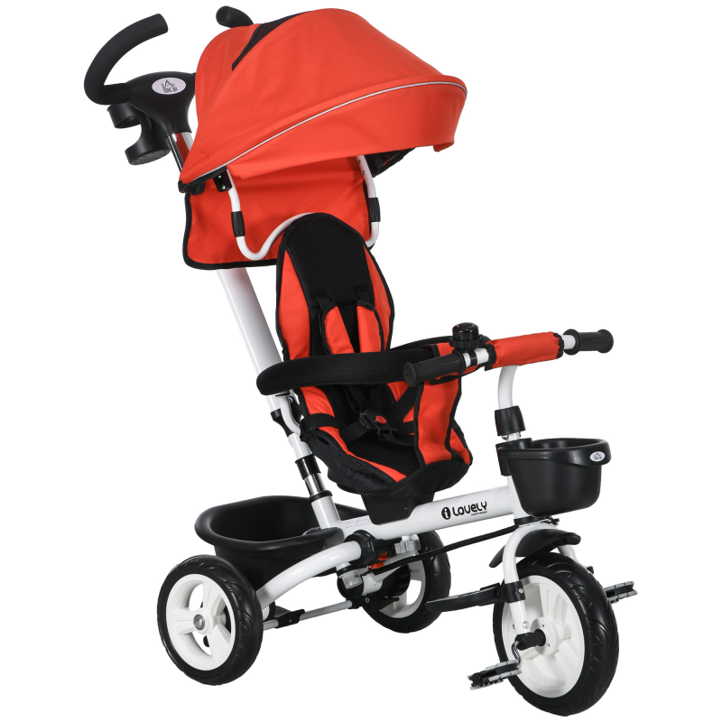 HOMCOM 6 in 1 Dreirad mit Schubstange, Kinderdreirad mit Sicherheitsgurt, Faltbar, Abnehmbar Sonnendach, Getränkehalter, Korb, Pedal, bis 25 kg, für 1-5 Jahre Kinder, Rot Aosom – Bild 1 von 2