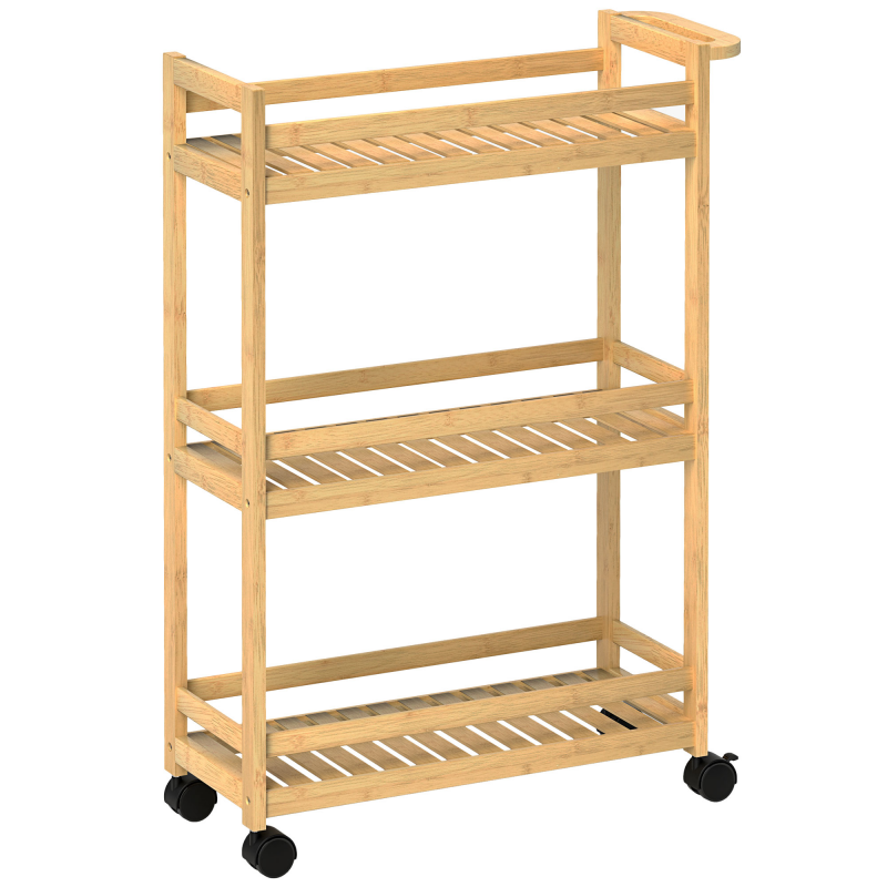 HOMCOM 3-stöckiger Servierwagen aus Bambus, Küchenwagen mit Rolle, Allzweckwagen mit Griff, Lagerwagen für Büro, Wohnzimmer, Küche, 55 x 20 x 75 cm, Naturholz Aosom – Bild 1 von 2