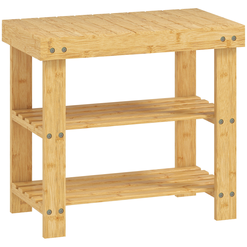 HOMCOM Schuhbank aus Bambus, Schuhregal mit 2 Ablagen und Sitzfläche, bis 136 kg, Sitzbank für Flur, Eingangsbereich, 50 x 28 x 45 cm, Natur Aosom – Bild 1 von 2