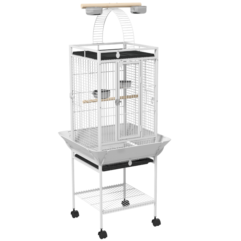 PawHut Vogelkäfig, Papageienkäfig mit 3 Türen, 2 Sitzstange, 360° Rollen, Futternapf, Ablage, Vogelvoliere mit Freisitz, herausnehmbar Tablett, Stahl Voliere für Nymphensittiche, 62,5x62,5x156cm, Weiß Aosom – Bild 1 von 2