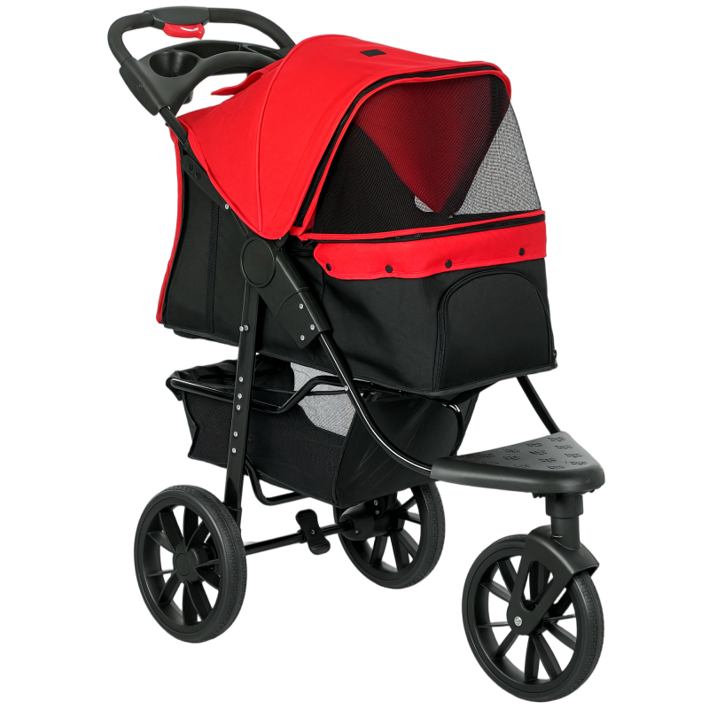 PawHut Hundewagen klappbar Hundebuggy für kleine Hunde bis 10 kg Katzenwagen mit 3 Rädern, Netzfenstern, Getränkehalter, Ablagekorb Katzenbuggy mit Bremse, Rot Aosom – Bild 1 von 2