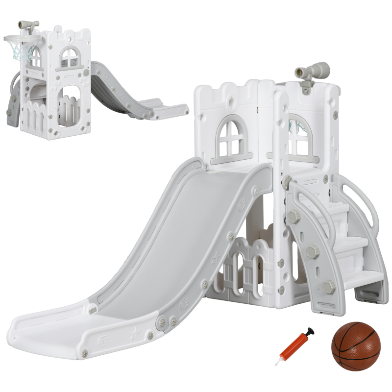 AIYAPLAY Kinderrutsche, 5 in 1, Kleinkinderrutsche mit Basketballkorb, Teleskop Klettergerüst, Aufbewahrungskorb Rutsche mit Basketball für Kinder 1-3 Jahre, Indoor, Grau 70 x 177 x 92 cm Aosom – Bild 1 von 2