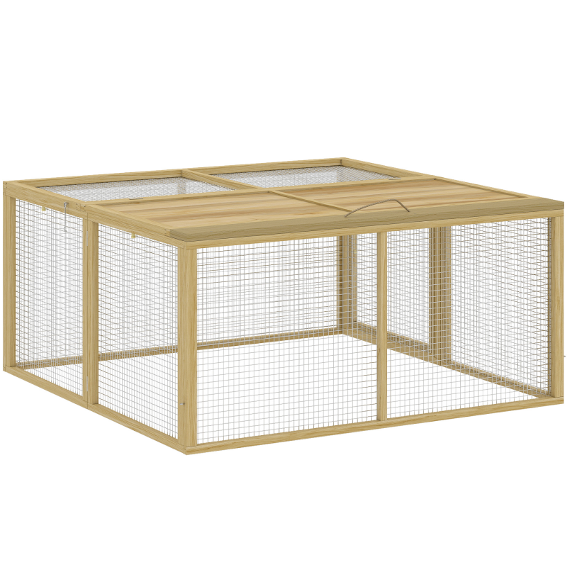 PawHut Kaninchenstall Holz klappbar Kleintierstall Freilaufgehege aufklappbar Dach Meerschweinchen Natur 120x120x57cm Aosom – Bild 1 von 2