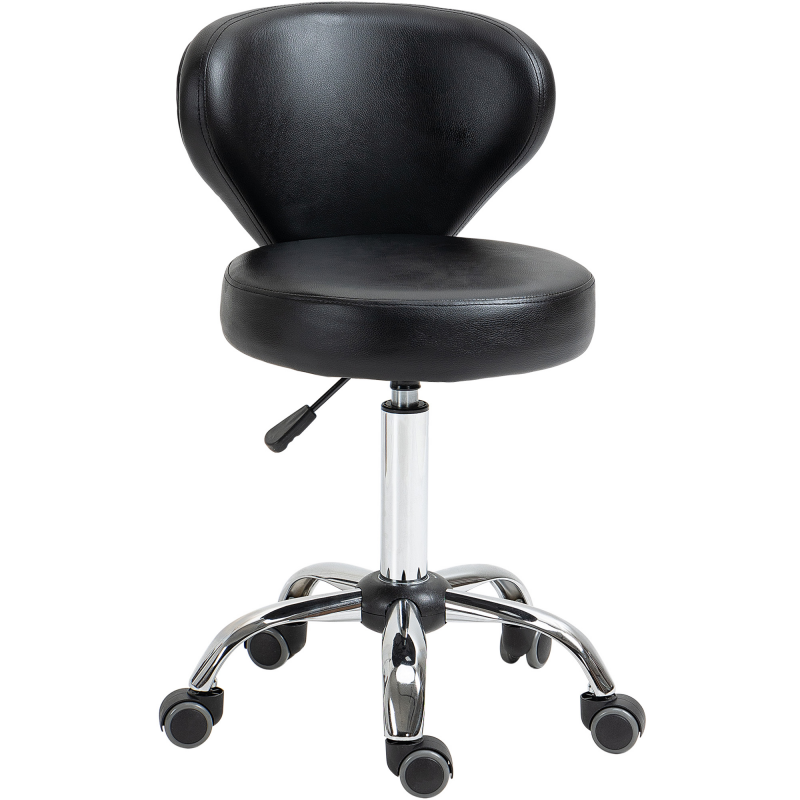 HOMCOM Rollhocker Massagehocker - drehbarer Arbeitshocker 360° - höhenverstellbare Sitzfläche 49-64H cm, ergonomische Rückenlehne - verchromtes Metall in schwarzem Kunstlederbezug Aosom – Bild 1 von 2