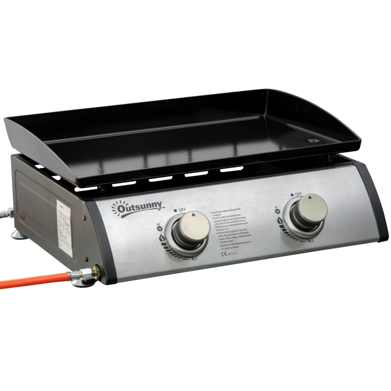 Outsunny Tischgrill Gasgrill BBQ mit 2 Brennern, Tischgasgrill mit Schlauch, Edelstahl & Metall, Antihaft-Grillplatte, ideal für Camping Aosom.de – Bild 1 von 2