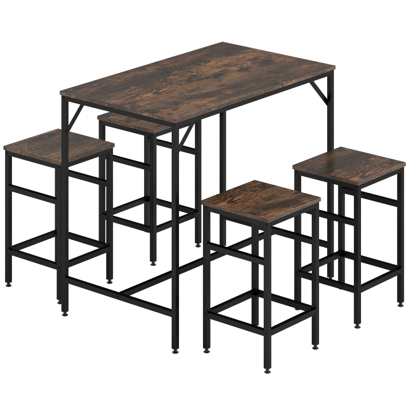 HOMCOM Bartisch-Set Stehtisch mit 4 Barhockern, 5-teiliges Tischset für Küche, Spanplatte/Stahl, Rustikales Braun/Schwarz, 100x60x88cm Aosom – Bild 1 von 2