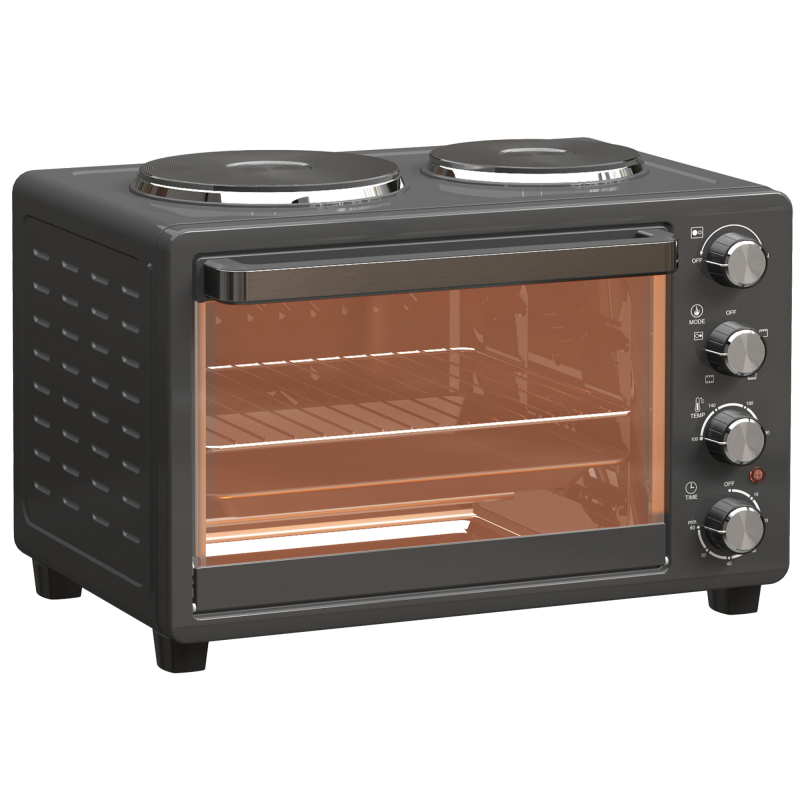 HOMCOM Minibackofen 28 L 2600W Mini Backofen 100-230℃ 60 Min. Timer, mit 2 Warmhalteplatten, Backblech und Grillrost Pizzaofen mit Krümelblech, Tablettgriff Schwarz Aosom – Bild 1 von 2