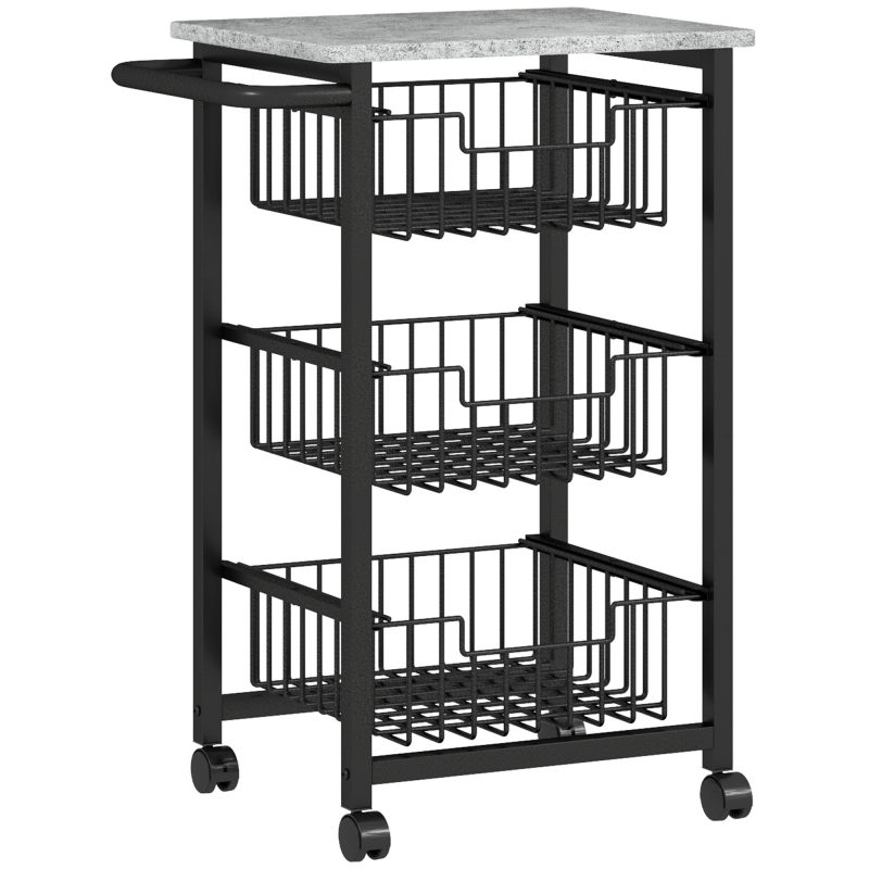 HOMCOM Küchenwagen Servierwagen mit Arbeitsplatte, 3 ausziehbaren Stahlkörben, Rollwagen für Büro, 49,5 x 31 x 69 cm, Hellgrau Aosom – Bild 1 von 2