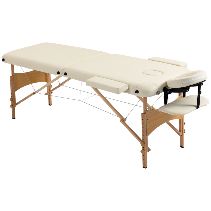 HOMCOM Massagetisch, klappbare Massageliege, höhenverstellbarer Massagebank, Massagebett mit Kopfstütze, für Spa, Salon, Kunstleder, Holz, Creme Aosom – Bild 1 von 2