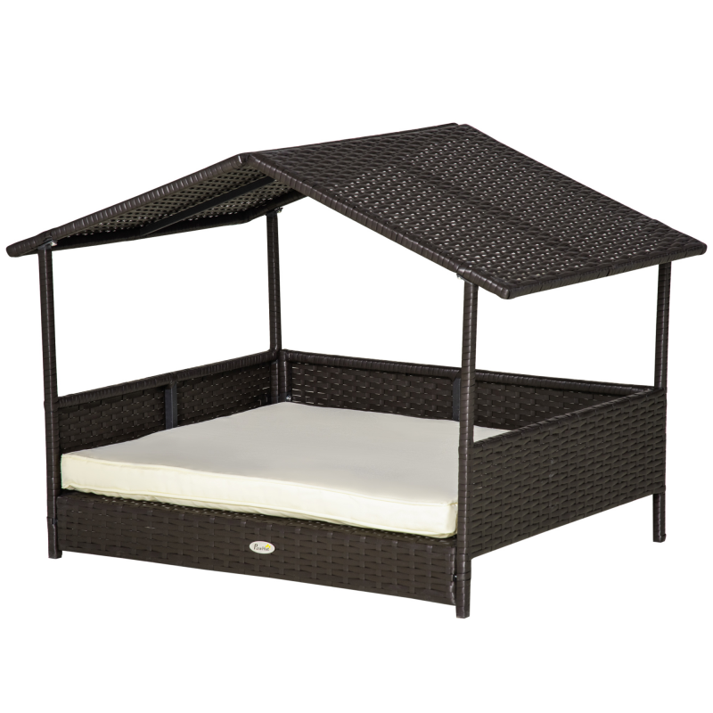 PawHut Rattan Hundehaus mit Kissen 98 x 69 x 73 cm Hundebett im Hausformat Outdoor Hundehütte aus Stahlrahmen PP Kaffee-Braun Aosom.de – Bild 1 von 2
