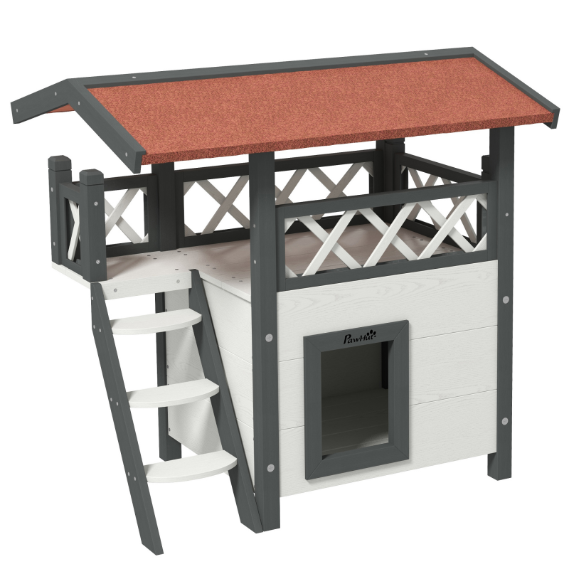 PawHut Katzenhaus 2-stöckig mit Asphaltdach und Balkon, Katzenvilla mit Treppe aus massivem Holz, weiß, 77 x 50 x 73 cm Aosom.de – Bild 1 von 2