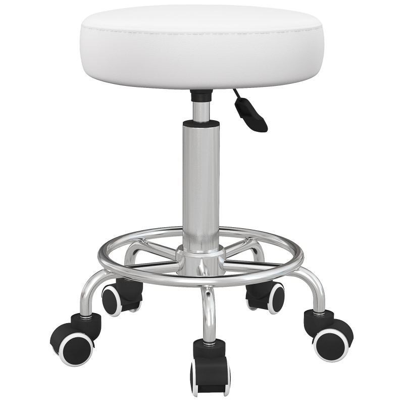 Vinsetto Rollhocker Höhenverstellbarer Arbeitshocker mit Fußring, Drehbarer Salon Hocker Drehhocker mit Rädern Kunstleder Weiß Ø42 x 50-64 cm Aosom – Bild 1 von 2