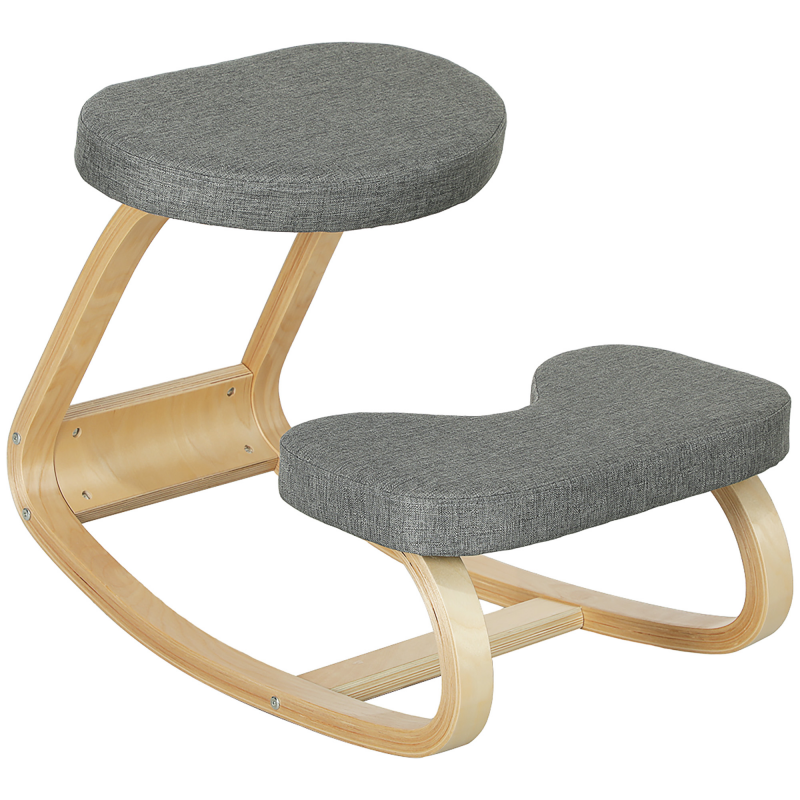 HOMCOM Kniestuhl, Ergonomischer Kniehocker mit Leinenoptik, Basis aus Birkenholz Bürostuhl, Sitzhocker zur Verbesserung der Nackenschmerzen für Zuhause, Büro, Meditation Grau Aosom – Bild 1 von 2