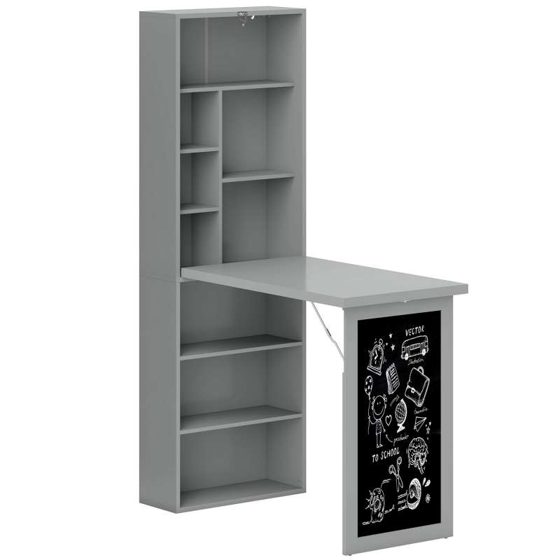 HOMCOM Klappbarer Schreibtisch Esstisch mit 6 Fächern Bücherregal und 3 Regalen, Computertisch Bürotisch E1 Spanplatte Metallrahmen Dunkelgrau 98x51x153 cm Aosom.de – Bild 1 von 2