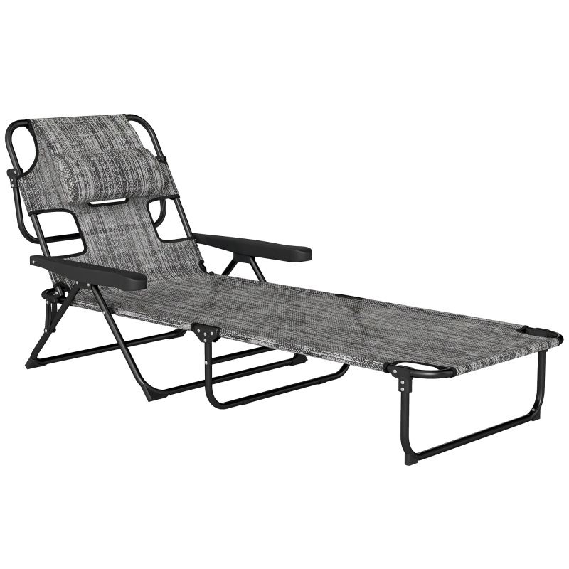 Outsunny Transat Gartenliege faltbar mit 4-fach verstellbarer Rückenlehne, Leseloch und Kopfkissen für Garten, Pool, Terrasse 72L x 194B x 31H cm Grau Aosom – Bild 1 von 2