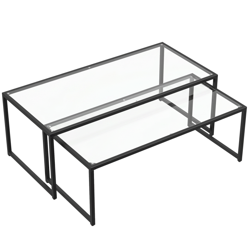 HOMCOM Couchtisch 2er-Set Beistelltisch Kaffeetisch Satztisch Glastisch Sofatisch Wohnzimmertisch schwarz aus Stahl für Wohnzimmer & Schlafzimmer Aosom.de – Bild 1 von 2