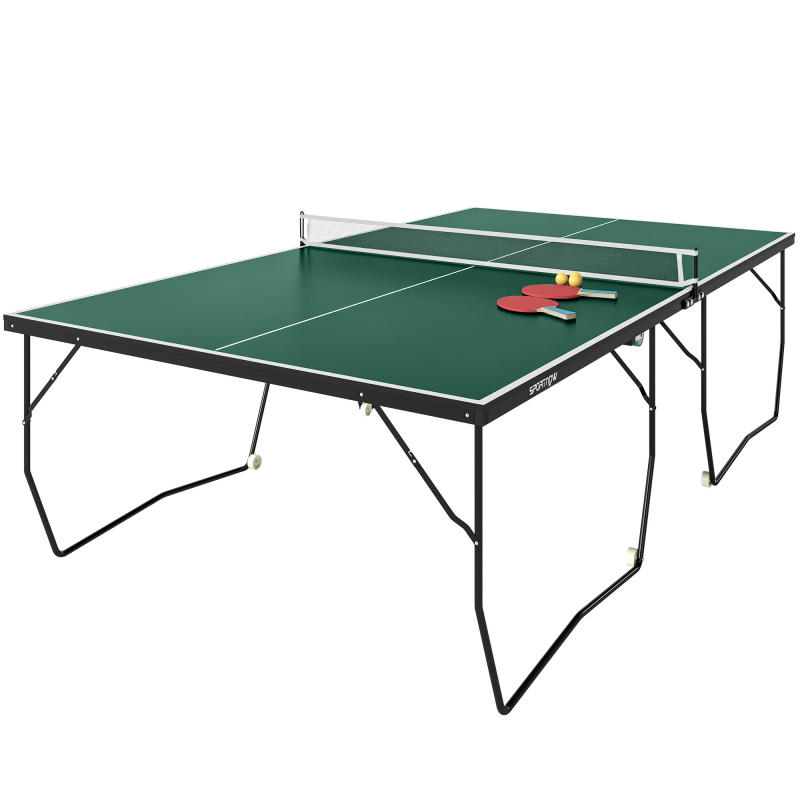 SPORTNOW Indoor Tischtennisplatte mit Rollen, Tischtennistisch Klappbar, Tischtennisspiel-Set mit 2 Tischtennisschlägern, 3 Bällen, Stahl, Grün Aosom – Bild 1 von 2