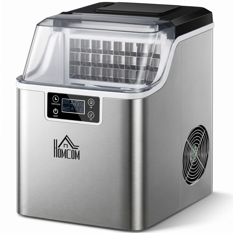 HOMCOM Eiswürfelautomat, 20 kg/24h 2,3 L, mit 3,2 L Wassetank, automatisches Reinigungsprogramm, Edelstahl, 25,2 x 36 x 37,1 cm, Silber Aosom – Bild 1 von 2