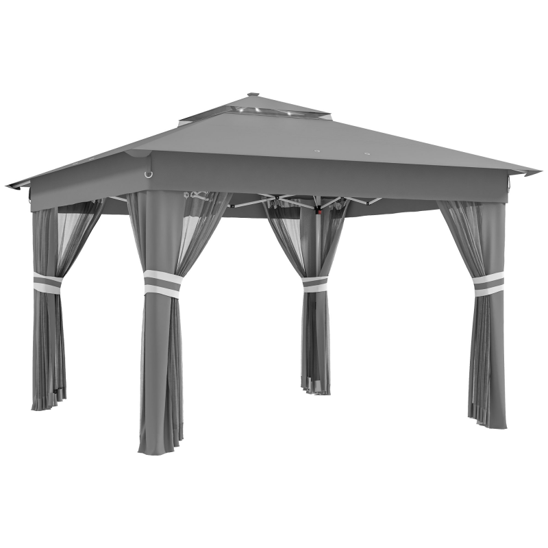 Outsunny Faltpavillon ca. 3 x 3 m, Pavillon mit LED, 4 Netzvorhängen, Seitenwand, Gartenpavillon mit Wassersack, Doppeldach, Tragetasche, Dunkelgrau Aosom – Bild 1 von 2