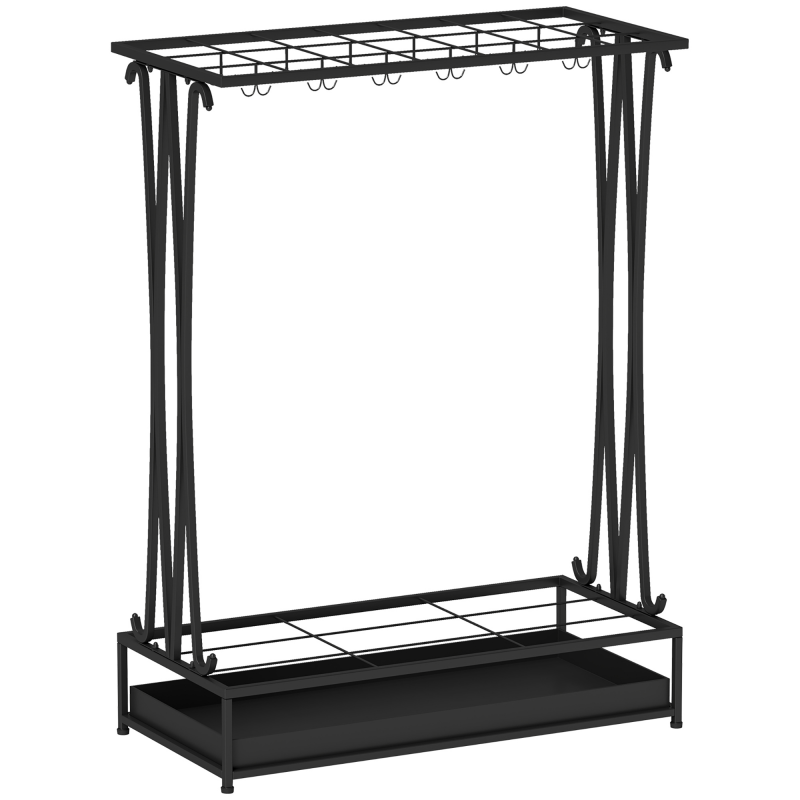 HOMCOM Regenschirmständer Stahl Schirmständer Rechteckiger Schirmhalter mit 24 Haken, 21 Löchern, herausnehmbare Wasserauffangschale für Gehstöcke & Regenschirme 50 x 24 x 68 cm Schwarz Aosom – Bild 1 von 2