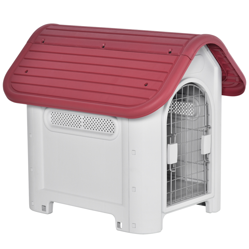 PawHut Hundehütte Outdoor, Hundehaus mit Dachluke, Tor, Unterschlupf für kleine Hunde, Kleintierstall, Luftzirkulation, wasserdicht, Rot Aosom – Bild 1 von 2
