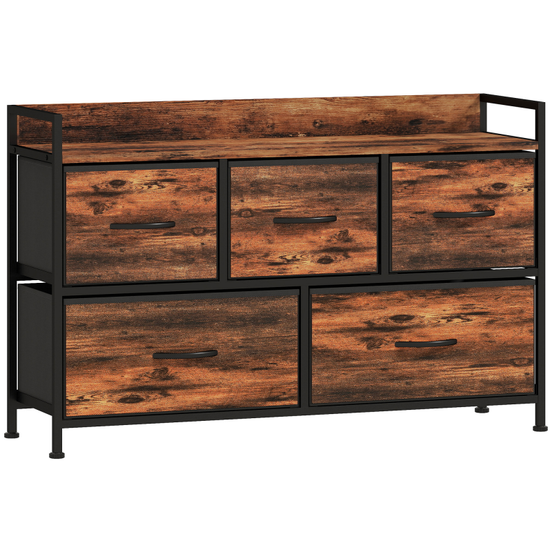 HOMCOM Kommode mit 5 Schubladen aus Stoff Kommodenschrank Aufbewahrungsschrank mit Stahlgestell, Industrie-Design für Schlafzimmer, Wohnzimmer Rustikal-Braun Aosom – Bild 1 von 2