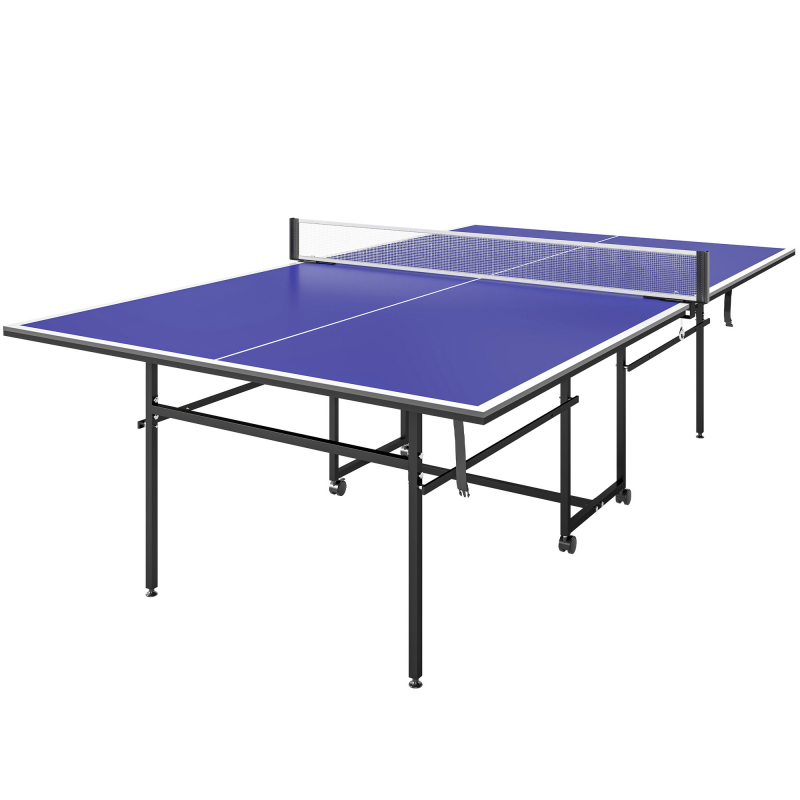 SPORTNOW Tischtennistisch, Tischtennisplatte in Viertel Klappbar mit Rollen, Tischtennisspiel-Set mit 2 Tischtennisschlägern, 3 Bällen, Outdoor Indoor Stahl, Blau, 274 x 152,5 x 75,5 cm Aosom – Bild 1 von 2