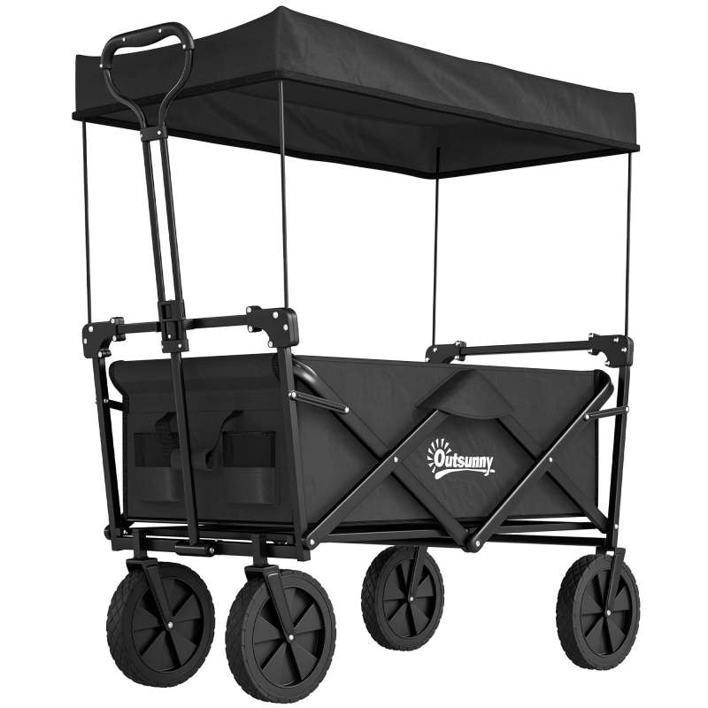 Outsunny Bollerwagen faltbar mit Sonnendach, Transportwagen bis 110 kg belastbar, Handwagen mit Tragetasche, Oxford Schwarz für Garten & Ausflüge Aosom.de – Bild 1 von 2