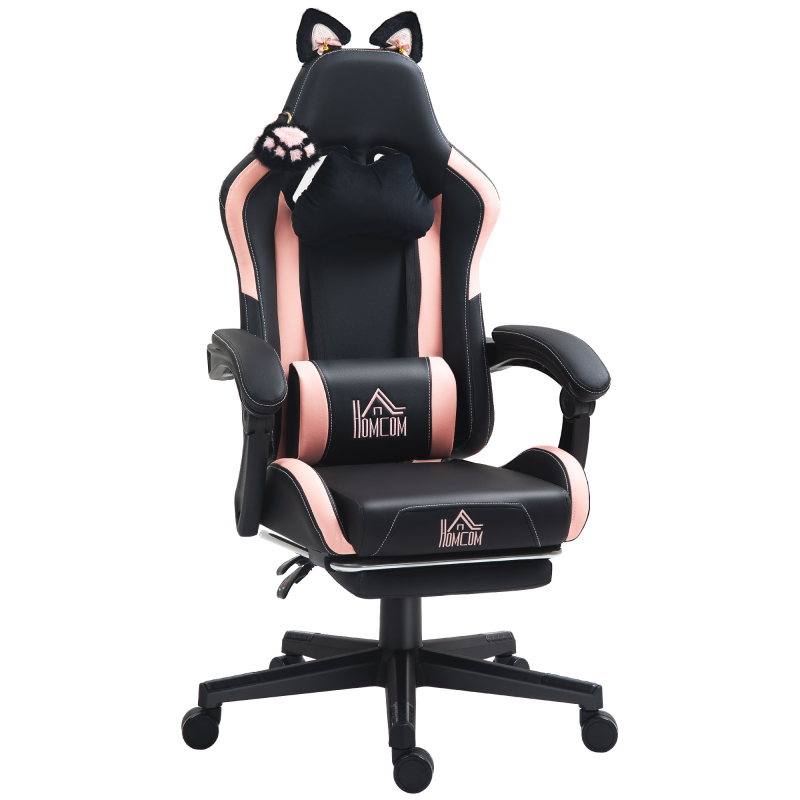 HOMCOM Gaming-Stuhl, Ergonomischer Gamer-Stuhl mit Lendenwirbelstütze, Fußstütze, Gaming-Sessel mit Katzenohren, Kopfkissen, Höhenverstellbar Bürostuhl mit Liegefunktion, Kunstleder, Schwarz Aosom – Bild 1 von 2