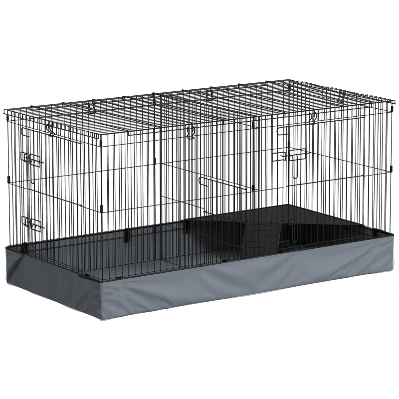PawHut Kleintierkäfig, Kleintierstall mit Rampe, Trennwand, Nagerkäfig mit abnehmbarem Verdeck, Stoffboden, Kaninchenkäfig für Kleintiere Stahl Schwarz Aosom – Bild 1 von 2