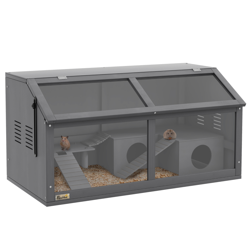 PawHut Hamsterkäfig, Kleintierkäfig aus Holz mit Hängebrücke, Leitern, Hütte, Obertür, Nagerkäfig für Hamster, Zwerghamster, 85x45x44 cm, Dunkelgrau Aosom – Bild 1 von 2