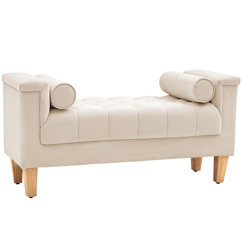 HOMCOM Sitzbank Polsterbank mit Chenille-Bezug, Armlehne Bettbank mit 2 Zylinder-Kissen, Holzrahmen, Schuhbank für Schlafzimmer, Wohnzimmer, Flur 115 x 44 x 58 cm Beige Aosom – Bild 1 von 2