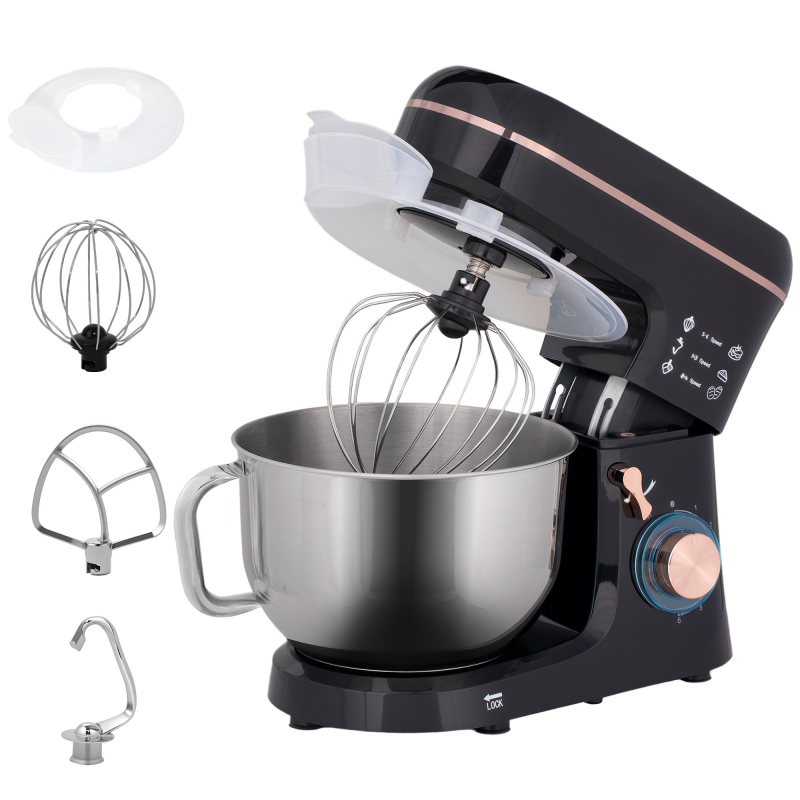 HOMCOM Küchenmaschine Knetmaschine 5,5L Edelstahlschüssel 1400W 6+P Geschwindigkeits Teigmaschine mit Rührhaken, Knethaken, Schlagbesen, Spritzschutz, Teigschaber und Eiertrenner Schwarz Aosom – Bild 1 von 2